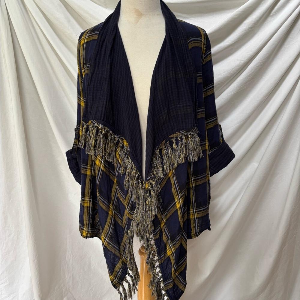 Umgee Plaid Fringe Open Cardigan Top L